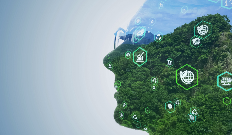 An image of a human face made out of trees with technical icons inside.