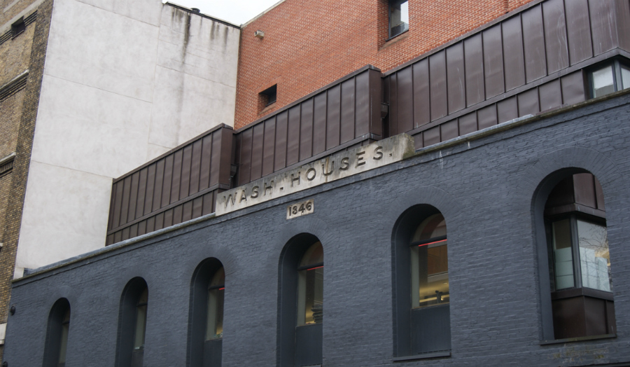 Wash Houses exterior windows and sign