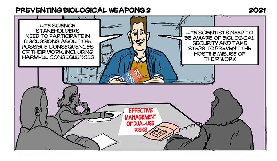 A cartoon where in a meeting measures for the effective management of dual-use risks are put on the table