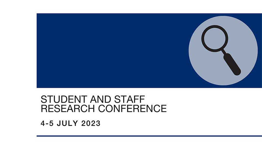 Conference logo - magnifying glass on a navy background with title and date of the conference