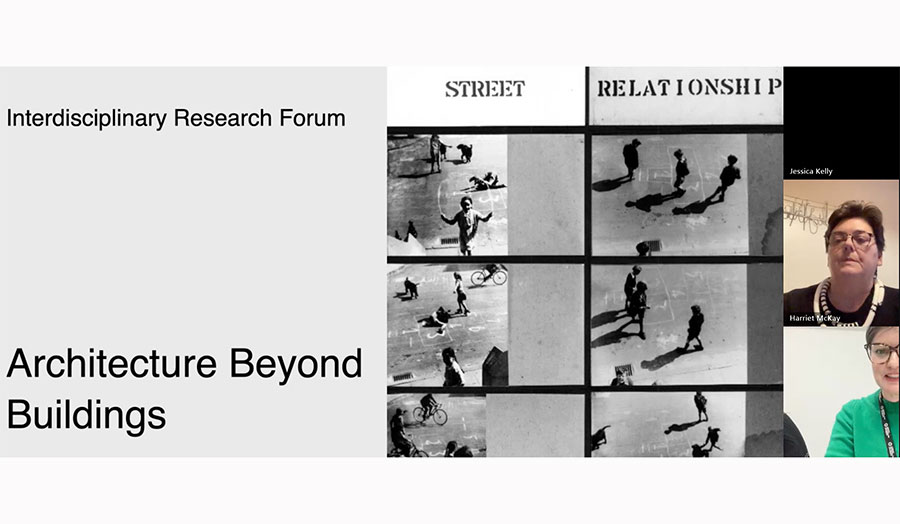 From the top right, clockwise, Dr Harriet McKay and Dr Jessica Kelly presenting at the interdiscipli