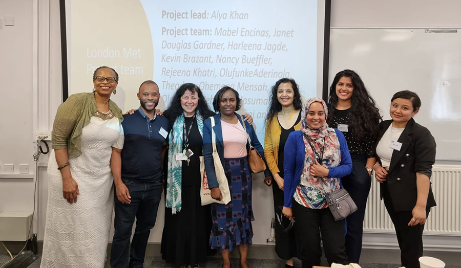 L-R: Janet Douglas-Gardner, Kevin Brazant, Mabel Encinas, Theodora Ohemeng-Mensah, Alya Khan, Masuma Ahmed-Ali, Harleena Jagde, Rejeena Khatri