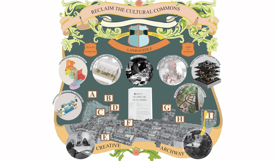 Collage with different building parts of the project styled like coat of arms