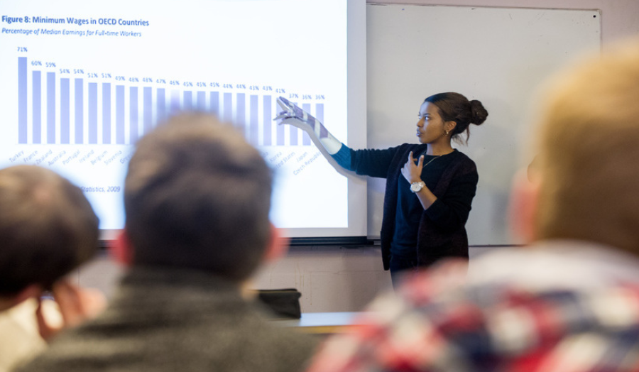 Female student presenting her work.