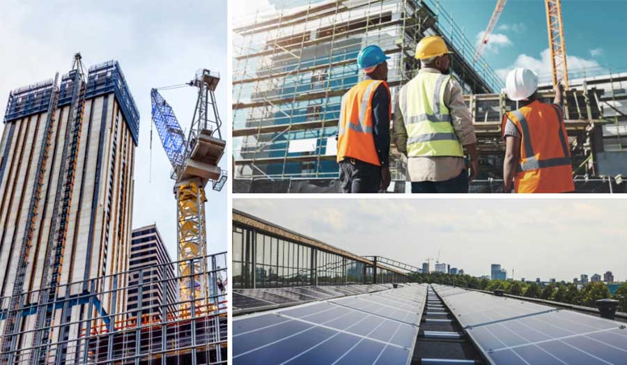 A collage of images showing people on a building site, a tower under construction, and urban solar p