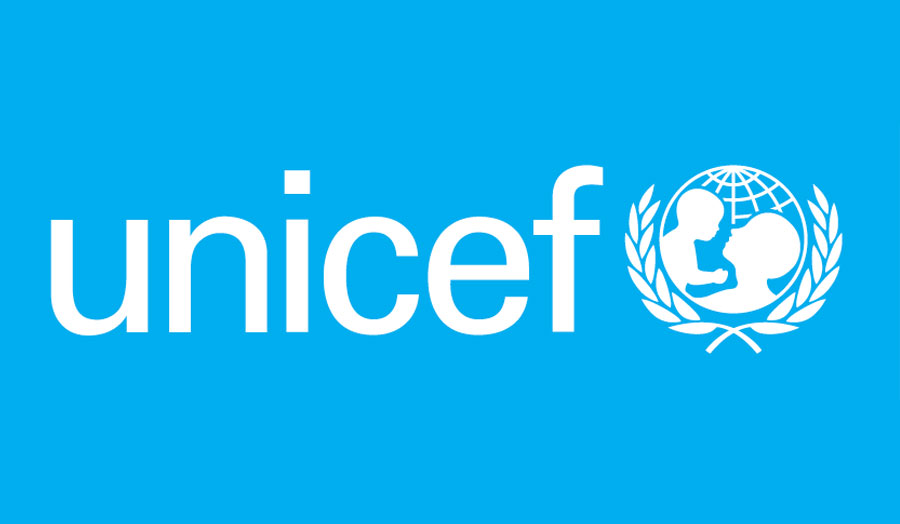 The logo for Unicef, white text on a blue background